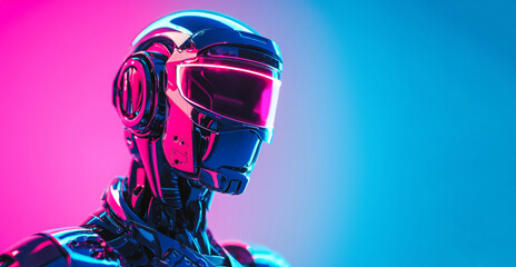 A sleek futuristic robot with a reflective metallic design, highlighted by neon pink and blue lights. Ideal for AI, technology, or sci-fi-themed content.
