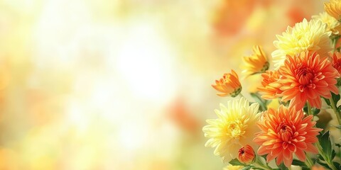 Blurred Background of Yellow and Orange Chrysanthemum Flowers in Soft Focus with Dreamy Bokeh Effect Ideal for Floral and Nature Themes