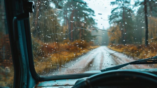 Dirt-Covered Windshield: A windshield streaked with dirt, bug splatters, and rain marks, greatly obstructing visibility and making driving risky.
