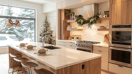 A kitchen, decorated for Christmas. The kitchen features light wood cabinets, white marble countertops, and polished stainless steel appliances. A large kitchen island with modern bar stools.