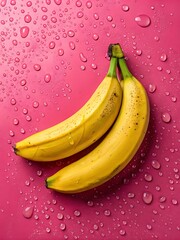 Bright Yellow Bananas with Water Droplets Against Vibrant Pink Background