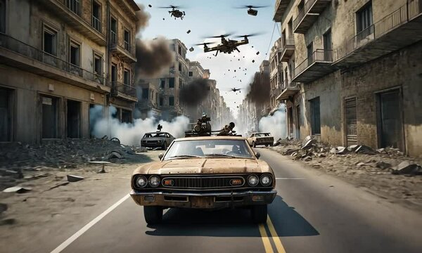 Destruction unfolds in an abandoned city with flying drones and explosive chaos at sunset