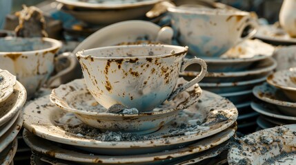 Fototapeta premium Unwashed Dishes: A stack of dishes, encrusted with dried food and leftovers, releases a sour, unpleasant odor of spoiled food, making the kitchen feel unclean. 