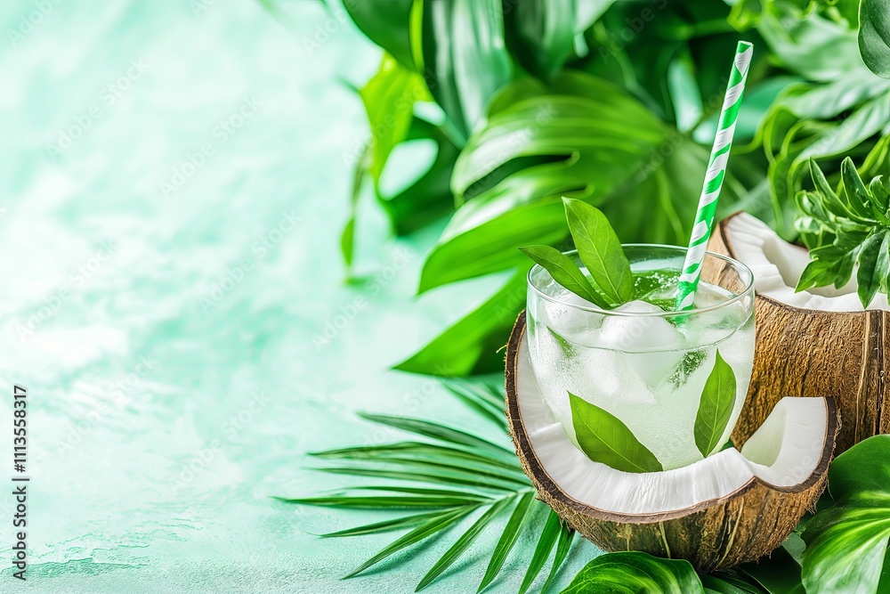 Poster a chilled coconut water served in a coconut shell with a straw and tropical leaves in the background