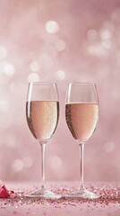 Celebration with sparkling drinks in elegant glasses on a pink glitter background