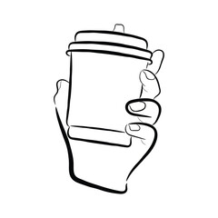 illustration of a hand holding a coffee in packaged cup, line drawing sketch