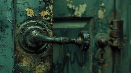 Filthy Door Handle: The handle is blackened with dirt and stained with oily fingerprints, showing wear from constant use over time.
