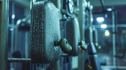 Sweaty Gym Equipment: Sweaty gym machines bear visible imprints from hands and bodies, marking the intense effort put into each workout session.
