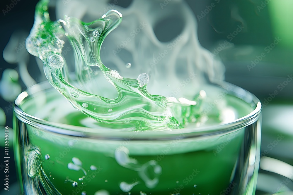 Poster a close-up of a steaming cup of matcha green tea with a delicate foam art design