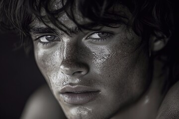 Fototapeta premium a man's exhausted face, dripping with sweat