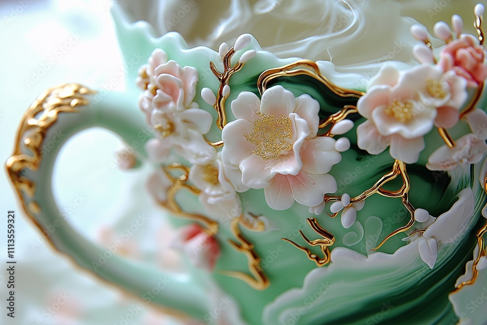 Poster a close-up of a steaming cup of matcha green tea with a delicate foam art design