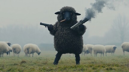 Obraz premium full length front view, of a black sheep standing on his hind legs with a cigar hanging out of the side of it's mouth with fumes it's holding a pump action shot gun with it's front legs,