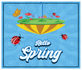 Hello Spring Banner Featuring with umbrella, flowers, and butterfly. 