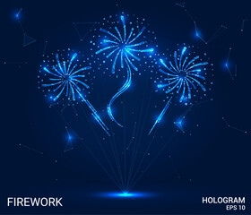 Hologram firework. Firework made of polygons, triangles, dots, and lines. Low-poly firework structure of connections. Technology concept vector.