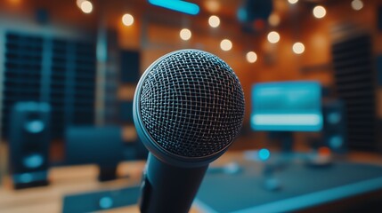 A close-up shot of a microphone in a recording studio