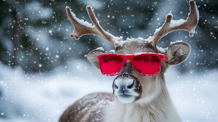 Fototapeta premium A reindeer wearing red sunglasses in a snowy landscape
