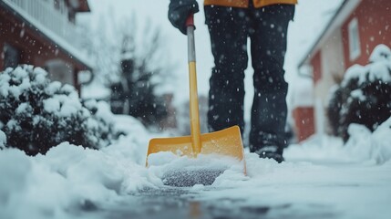 Close up Person shoveling deep snow from the driveway or sidewalk