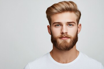 Fototapeta premium Young man with stylish haircut and beard in casual white shirt posing against neutral background