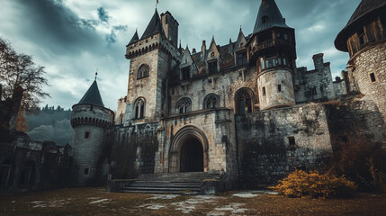 Fototapeta premium Majestic Shadows: Ancient Gothic Castle Amid Autumn's Embrace