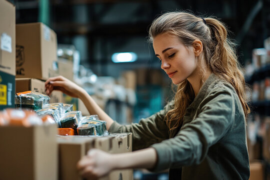A female worker in a large warehouse looks through boxes of goods. Warehouse management system, supply chain and logistics network concepts