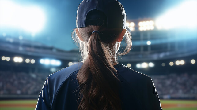 Female baseball coach watching game at night in stadium