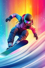 A snowboarder is in the air, with a colorful background