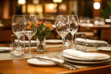 A beautifully set table in an upscale restaurant with soft and warm lighting