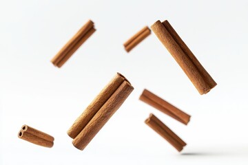 Cinnamon sticks are suspended in mid-air isolated on a white background