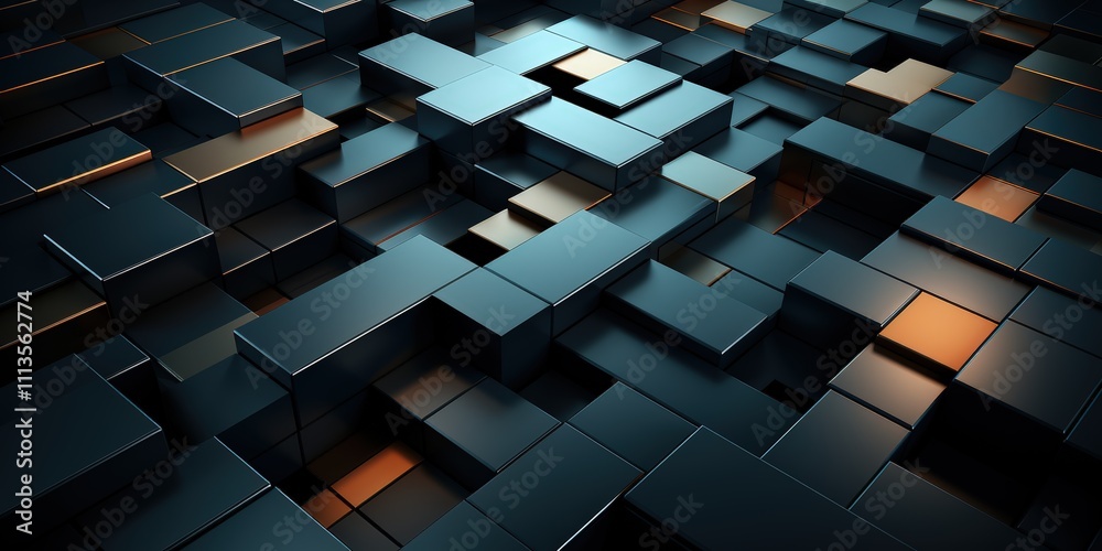 Poster abstract minimalist design with overlapping squares on a black background, creating a modern and ele