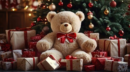 A cozy and festive scene as a plush teddy bear sits amongst presents and a christmas tree, bringing holiday cheer to any indoor space