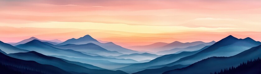 Fototapeta premium Jagged mountain silhouettes at dawn, flat minimalist design, triadic colors, watercolor textures blending sky and land in soft hues, peaceful scenery