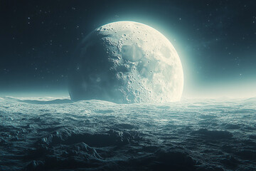A large moon rises over a desolate icy planet