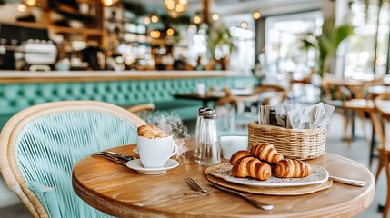 Cafe Breakfast Croissants Coffee Steam Cozy Table