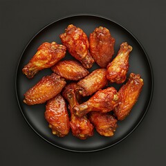 BBQ chicken wings on black plate.
