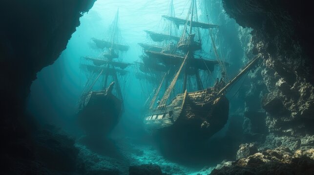 galleons shipwreck underwater on a rocky bed and having hints of gold colour