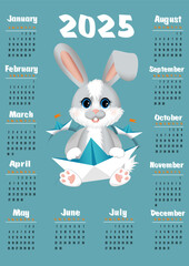 Calendar for 2025 year. Cute little hare(rabbit) in cartoon style. Week starts on Sunday. Vector illustration in vertical format A4, A5.