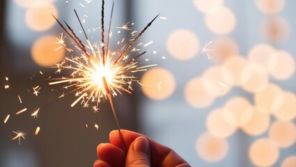 Small sparkler in hand on a light background with glitter