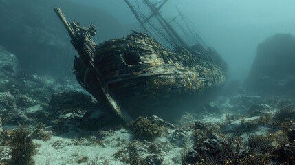 galleons shipwreck underwater on a rocky bed and having hints of gold colour