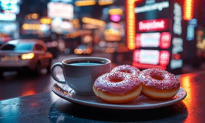 A cozy scene featuring a cup of coffee and three pink-frosted donuts on a plate.