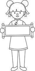 Cute chinese new year little girl holding blank scroll outline.
Happy Chinese lunar new year. 
Transparent background.