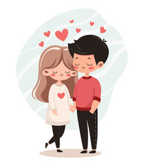 Young couple in love with floating hearts around. Cartoon style lovely boy and girl characters gently embrace. Valentines day romantic concept. Cute boyfriend and girlfriend. Flat vector illustration.