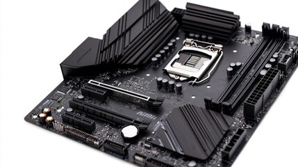 Fototapeta premium A sleek black motherboard showcasing cutting-edge design. Perfect for tech enthusiasts and gamers alike. Enhance your setup with innovative tech. Generative AI