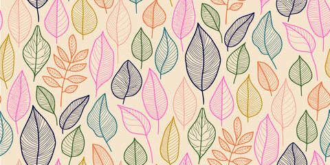 Seamless pattern of stylized leaves outlined in vibrant colors on a soft beige background with unique leaf shapes and simplistic designs. Ideal for textiles, wallpapers, and digital design projects.