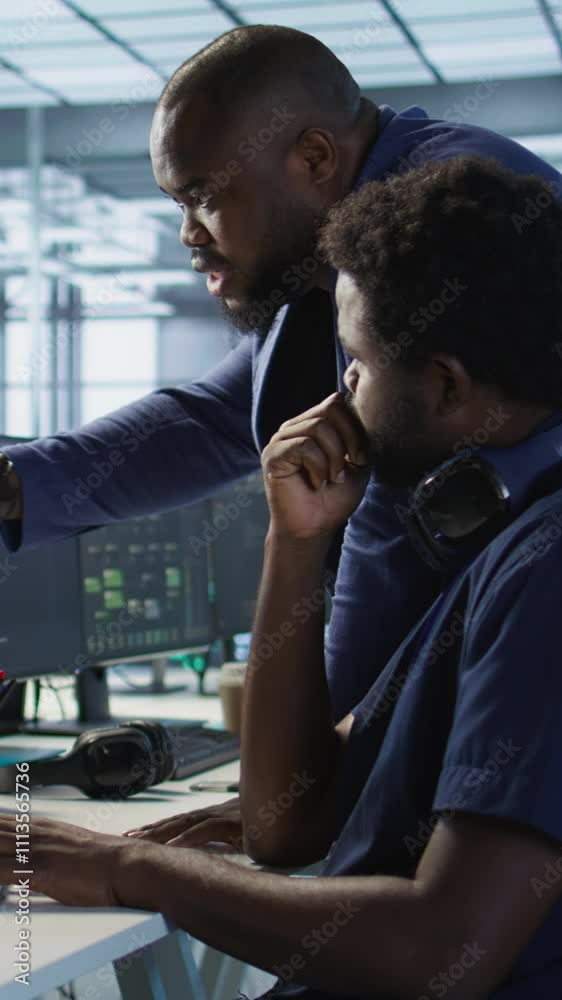 Poster vertical video data center manager helps intern implement ai predictive maintenance systems. server 