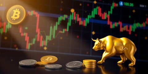 A banner featuring a bullish and bearish crypto design with the text "Crypto" in gold, perfect for websites and online platforms, finance, platform
