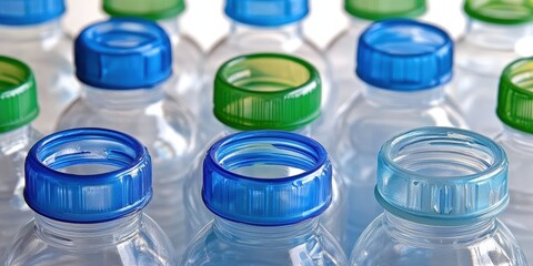 Close-Up of Plastic Water Bottles with Blue and Green Caps Arranged on a Light Background, Ideal for Environmental and Sustainability Themes