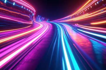 A futuristic scene with neon light streaks creating a sense of speed and motion