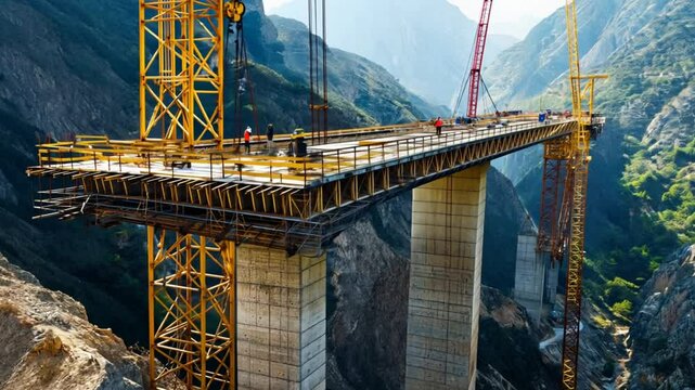 A modern bridge being constructed over a deep canyon, with scaffolding and cranes on both sides. Concrete pylons rise from the base, while workers install steel reinforcements.