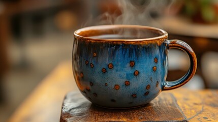 A Rustic Handmade Ceramic Mug with Steam Rising - Perfect for Cozy Autumn Scenes and Hot Beverage Photography