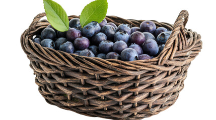 Fototapeta premium A vibrant collection of freshly harvested blueberries rests in a rustic woven basket, showcasing their deep hue complemented by bright green leaves, symbolizing natural abundance and freshness